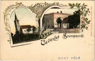 1902 Szenc, Szencz, Szempcz, Senec; Római katolikus templom, Főszolgabírói hivatal. Jungkönig József kiadása, szecessziós-virágos keret / Catholic church, court. Art Nouveau, floral