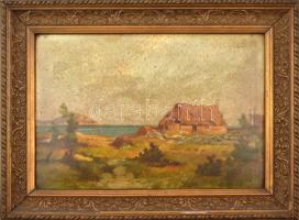 Jelzés nélkül, XX. sz. első fele: Vízparti táj. Olaj, karton. Dekoratív, kissé sérült régi fakeretben. 25,5x36 cm
