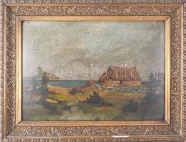 Jelzés nélkül, XX. sz. első fele: Vízparti táj. Olaj, karton. Dekoratív, kissé sérült régi fakeretbe...