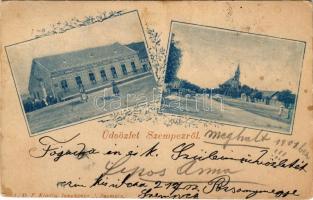 1900 Szenc, Szencz, Szempcz, Senec; utca, templom. Jungkönig J. kiadása, szecessziós-virágos keret. L.D.F. / street view, church. Art Nouveau, floral (fa)