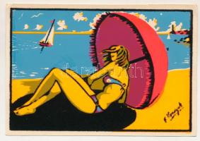 Baigneuse. Éd. F. Vanczak (Perpignan) / francia modern művészlap, strandoló hölgy, plüss rátét díszekkel / bathing lady on the beach, unique modern French art postcard with plush applique ornaments: F. Vanczak (vágott / cut)