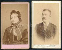 cca 1870-1880 Hölgy portréja, vizitkártya Szentkuty István vegyész és fényképész műterméből (a ,,Mátyás királyhoz"), 10,5x6,5 cm + cca 1890 Férfiportré, vizitkártya Bienenfeld és Társa budapesti műterméből, 10,5x6,5 cm
