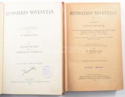 Dr. Tuzson János: Rendszeres növénytan. I-II. kötet. I. kötet: Általános rész és virágtalan növények. II. kötet: Virágos növények. Bp., 1911-1926, Hornyánszky Viktor, VII+1+362+2 p.; XII+2+472 p. 1. kiadás. Gazdag, szövegközti fekete-fehér képanyaggal illusztrált. A szerző, Tuzson János (1870-1943) botanikus, paleobotanikus, egyetemi tanár, a Tuzson Arborétum alapítója és névadója, a Magyar Tudományos Akadémia tagja. 1912-től a Pázmány Péter Tudományegyetem Növényrendszertani Intézetének vezetője, valamint a Füvészkert igazgatója volt. Kutatóként a fás növények szövettanával, növényföldrajzával és ősnövénytani vizsgálatokkal foglalkozott.  Átkötött aranyozott egészvászon-kötés, kopott, foltos borítóval, névbélyegzéssel és névbejegyzéssel.