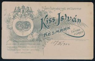 1904 Fiatal férfi portréja, vizitkártya Kiss István (Késmárk és Tátrafüred) műterméből, 10,5x6,5 cm ...