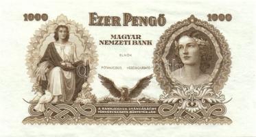 1944. 1000P bankjegytervezet későbbi eredeti nyomólemezzel készített példánya + a bankjegy nyomólemez gyártásához készített vésett pozitív lemeze! Horváth Endre tervei alapján. (146x67mm) RR! Hungary 1944. 1000P Officialy unissued banknote and the positive printing plate of the unissued note RARE!