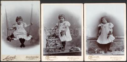 cca 1900 Kislány portréi, 3 db kabinetfotó Mártonfy Gyula (utóda) budapesti műterméből, 16,5x11 cm körül