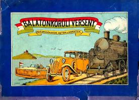 A "Balaton körüli verseny motorcsónakon, autón és vonaton" táblás játék színes játéktáblája, játékszabálya és doboza. (1936). [Budapest, 1936]. Athenaeum Nyomda. Színes, illusztrált játéktábla és játékdoboz, a négyleveles tábla teljes mérete: 340x850 mm egy 345x850 mm méretű kartonlapon. Balaton körüli táblás versenyjátékunk a klasszikus, több évszázadra visszamenő lúdjáték aktualizált változata. Honismereti oktatással vegyített versenyjátékunkban a cél változatlan, kockadobásokkal vezérelt bábunkkal elsőként a célmezőre jutni, a különleges mezők akadályozó szabálymódosításait legyőzve. Versenyjátékunk különlegessége, hogy a játékosok választhatnak: motorcsónakkal, versenyautóval vagy vonattal szállnak-e versenybe. A motorcsónakos pálya rövidebb ugyan, de több akadályozó tényezővel néz szembe a játékos. Játéktáblánk pályája körül 55, feliratozott honismereti illusztráció. Játékszabály a doboz belső oldalán. Stílusmutatvány: "Mi azonban nem gyalogolni fogunk, hanem pompás versenyautón, száguldó gyorsvonaton, büszkén tovasikló hajón fogjuk az utat megtenni. [...] A vihar bizony vissza fogja tartani azokat, akik hajón indultak a versenyre. Zátonyok, szirtek, örvények is fognak útjába kerülni a versenyzőnek. Na de a szárazföldi versenyzők élete se gyöngyélet. Sok akadállyal kell nekik is majd megküzdeniök, hogy a célba érhessenek. [...] Kockavetéssel állapodhatnak meg a játékosok, hogy ki milyen közlekedési eszközzel indul. Kinek mi kedvesebb, ki mihez ért jobban. Pista például azt mondja, hogy ő ismeri a Balatont, tud is motorcsónakot vezetni, tudja, hol vannak a zátonyok, ő tehát hajón indul. Manci viszont a motorhoz sem ért, a víztől is fél egy kicsit, ő tehát megvárja a gyorsvonatot, és annak kényelmes puha párnáján ülve szemléli a gyönyörű tájat, és ha szerencséje van, még meg is előzheti autós és hajós versenytársait". Játéktáblánk a függőleges hajtások mentén három darabra vált, a darabok pontosan illeszkednek. Az elő- és hátoldalon apró, halvány foltosságok. Játékdobozunk verzóján halvány foltosság, kisebb sérülések és javítások. Színes, illusztrált, jó állapotú játéktábla, színes, illusztrált, sérült, javított, enyhén foltos kiadói dobozban.