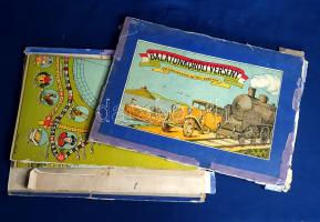 A "Balaton körüli verseny motorcsónakon, autón és vonaton" táblás játék színes játéktábláj...