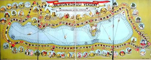 A "Balaton körüli verseny motorcsónakon, autón és vonaton" táblás játék színes játéktábláj...