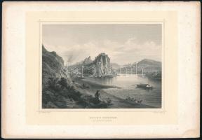 Dévény romjai. Ruine Theben. Ludwig Rohbock (1824-1893) német grafikusművész részletgazdag acélmetszete a "Magyarország és Erdély eredeti képekben" című illusztrált topográfiai műből. Darmstadt, (1860). Druck und Verlag von G. G. Lange. Acélmetszet, mérete: 115x155 mm, lemezméret: 130x170 mm, lapméret: 155x235 mm.