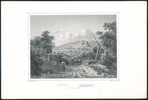 Sümeg acélmetszetű látképe. Ludwig Rohbock (1824-1893) német grafikusművész részletgazdag acélmetszete a "Magyarország és Erdély eredeti képekben" című illusztrált topográfiai műből. Darmstadt, (1860). Druck und Verlag von G. G. Lange. Acélmetszet, mérete: 115x155 mm, lapméret: 155x235 mm.