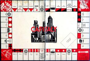 A Capitaly társasjáték eredeti kiadásának színes, illusztrált játéktáblája (1937). [Budapest, 1937]. 325x480 mm egy 335x485 mm méretű kartonlapon. Az 1935-ben megjelent angol táblás játék, a gazdasági befektetés világát megidéző Monopoly világszerte nagy sikert aratott, Capitaly nevű adaptációjára nem kellett sokat várni (1937). Míg az eredeti játékban London telkeit és közműveit vásárolhatta meg a szerencsésebb játékos, a Capitaly Budapestre vezet, így Angyalföld és Kőbánya; a Ferenc körút és az Erzsébet körút; a Szabadság tér és a Vörösmarty tér; a Dorottya és a Váci utca telkeit verték dobra, illetve közlekedési és közmű-szolgáltatókat. 1937-as kiadású játékunk értelemszerűen pengőben számolt. Társadalomtörténeti érdekessége, hogy a legolcsóbb telkek az akkoriban rossz környéknek számító Angyalföldön és Kőbányán voltak elérhetőek; a Király utcánál lényegesen drágább környéknek minősült a Rákóczi út, még drágábbnak a Ferenc körút, a Sashegynél, Rózsadombnál drágább környék a Stefánia út, a Szabadság tér és a Váci utca. A Capitalyt egykori visszaemlékezések szerint mindenki játszotta. A koalíciós idők után viszont nem volt kapható, spekulációs-befektetési szemléletét rossz társadalmi gyakorlatként a legmesszebbmenőkig elítélték, helyette pedig előbb a "Teljesítsd a tervet!" című táblás játékot adták ki, majd a "Gazdálkodj okosan!"-t. Játékunk újrakiadására csupán 1987-ben került sor. Játéktáblánkon apró foltosság. Vászoncsíkkal összefogott, kétleveles játéktábla, hátoldalán amerikai toronyházakat ábrázoló színes grafikával. Jó példány.