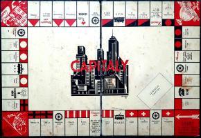 A Capitaly társasjáték eredeti kiadásának színes, illusztrált játéktáblája (1937). [Budapest, 1937]. 325x480 mm egy 335x485 mm méretű kartonlapon. Az 1935-ben megjelent angol táblás játék, a gazdasági befektetés világát megidéző Monopoly világszerte nagy sikert aratott, Capitaly nevű adaptációjára nem kellett sokat várni (1937). Míg az eredeti játékban London telkeit és közműveit vásárolhatta meg a szerencsésebb játékos, a Capitaly Budapestre vezet, így Angyalföld és Kőbánya; a Ferenc körút és az Erzsébet körút; a Szabadság tér és a Vörösmarty tér; a Dorottya és a Váci utca telkeit verték dobra, illetve közlekedési és közmű-szolgáltatókat. 1937-as kiadású játékunk értelemszerűen pengőben számolt. Társadalomtörténeti érdekessége, hogy a legolcsóbb telkek az akkoriban rossz környéknek számító Angyalföldön és Kőbányán voltak elérhetőek; a Király utcánál lényegesen drágább környéknek minősült a Rákóczi út, még drágábbnak a Ferenc körút, a Sashegynél, Rózsadombnál drágább környék a Stefánia út, a Szabadság tér és a Váci utca. A Capitalyt egykori visszaemlékezések szerint mindenki játszotta. A koalíciós idők után viszont nem volt kapható, spekulációs-befektetési szemléletét rossz társadalmi gyakorlatként a legmesszebbmenőkig elítélték, helyette pedig előbb a "Teljesítsd a tervet!" című táblás játékot adták ki, majd a "Gazdálkodj okosan!"-t. Játékunk újrakiadására csupán 1987-ben került sor. Játéktáblánkon kisebb foltosság, néhány mezőjén kézi feliratozás. Vászoncsíkkal összefogott, kétleveles játéktábla, hátoldalán amerikai toronyházakat ábrázoló, enyhén foltos, enyhén kopott színes grafikával.