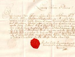 [Kézirat] Csődy Pál (1717-1794) szombathelyi nagyprépost latin nyelvű ajánló- és menlevele a stájerországi egyházi szolgálatára induló Földváry Mihály misés pap számára. (1783). Kelt: Szombathelyen, 1783. október 16-án. Egyetlen levél, mérete: 175x230 mm, 15 beírt sor. A Csődy Pál szombathelyi nagyprépost és címzetes apát által írt latin nyelvű ajánló- és menlevél a vizsgáit letett misés pap, Földváry Mihály számára készült, és kérelmezi, hogy engedélyezzék számára a szabad utazást, illetve a szentmisék bemutatását. Kalligrafikus kézírásunk a kor szokásos rövidítéseit alkalmazza, a levél végén egyházmegyei viaszpecséttel hitelesítve. Jó állapotú levél, hajtogatva.