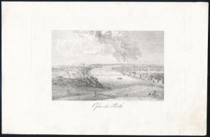 ca 1833 Ofen und Pesth, Pest-Buda látképe délről, a Gellért-hegyről, a hajóhíddal. rézmetszet a Meyer's Universum kötetéből, 14x9 cm