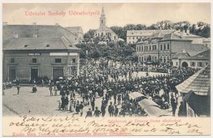 1903 Székelyudvarhely, Odorheiu Secuiesc; Felső piac az Úrnapi Búcsú alkalmával. Körmenet, Orbán Antal üzlete, templom. Márk Testvérek kiadása / Feast of Corpus Christi, procession, market, shops, church