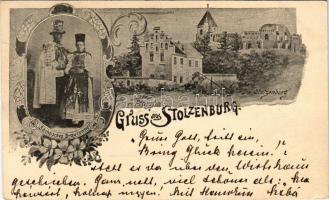 1902 Szelindek, Stolzenburg, Slimnic; Sächsisches Brautpaar, Ev. Pfarrhof, Die Stolzenburg / Szász jegyespár, Evangélikus plébánia, vár. Storch Emil kiadása / Transylvanian folklore, Lutheran parish, castle. Art Nouveau, floral (r)