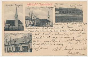 1906 Szemlak, Semlac (Arad); Román ortodox templom, Evangélikus templom és paplak, Községháza, gyógyszertár, Spitzer Mór üzlete és saját kiadása. Belgram L. felvétele / church, pahrmacy, shop