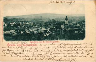 1902 Szentágota, Agnetheln, Agnita; von der Steinburgshöhe. / látkép, evangélikus templom. Lichtdruck v. Jos. Drotleff / general view with Lutheran church (kis szakadás / small tear)