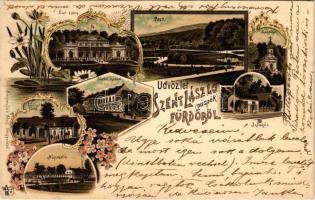 1898 Püspökfürdő, Szentlászlófürdő, Baile 1 Mai, Episcopiei (Nagyvárad, Oradea); fürdő épület, indóház, vasútállomás, park, kápolna, Lőrinc fürdő, Népszálló. Sonnenfeld Adolf kiadása / spa, railway station, park, chapel, baths, hotel. O.Z.M. Art Nouveau, floral, litho (fl)