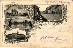 1900 Szászsebes, Mühlbach, Sebesul Sasesc, Sebes; Evangélikus templom és gimnázium, Városi park, Úri utca, Heinrich F. Conrad üzlete. Josef Hientz kiadása / Lutheran church and school, street, shops, park. Art Nouveau, floral (EK)