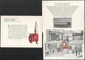 cca 1925 ,,Fulgor" utcai benzinkút és benzinszivattyú reklámlapok, 3 db, kétoldalasak, 16x20,5 cm