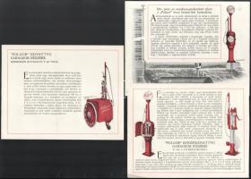 cca 1925 ,,Fulgor" utcai benzinkút és benzinszivattyú reklámlapok, 3 db, kétoldalasak, 16x20,5 ...