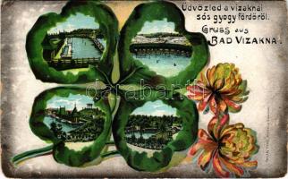 Vízakna, Salzburg, Ocna Sibiului; Szecessziós lóherés montázs a fürdőből. Takáts Jenő kiadása / Art Nouveau clover montage, spa, litho (r)