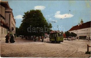 1912 Nagyszeben, Hermannstadt, Sibiu; Hermannsplatz / Hermann tér, jobbra a gyalogsági laktanya, balra a Bretter sétány, villamos. Karl Graef kiadása / square, K.u.K. military infantry barracks, promenade, tram (EK)