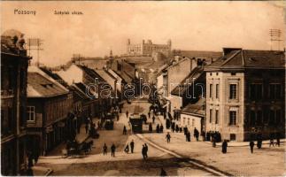 1913 Pozsony, Pressburg, Bratislava; Széplak utca, villamos, vár, Ney Ágoston üzlete, Krausz tejcsarnok / Schöndorfergasse / street view, tram, castle, shops (r)