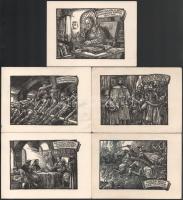 9 db történelmi témájú illusztrációkkal ellátott képeslap (Bethlen Gábor tudósai között, I. Rákóczi György bevonulása Kassára, Bibliafordító Károli Gáspár, stb.), 10,5x14,5 cm