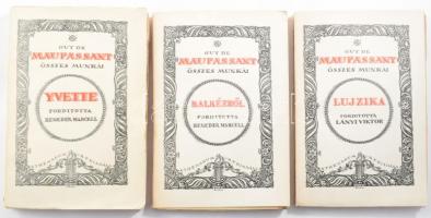 Guy de Maupassant 3 műve: Balkézről. Ford.: Benedek Marcell.; Lujzika. Ford.: Lányi Viktor.; Yvette. Ford.: Benedek Marcell. Guy de Maupassant összes munkái (XI, XVI, XXIII.) Bp., ,Athenaeum, 150+1 p.; 168+2 p.; 173+1 p. A borítók Gara Arnold munkái. A 3 kötet közül az utolsó 2 felvágatlan. Kiadói papírkötések, az első könyv gerinc kis sérüléssel, jó állapotban. Az egyik kötet Ritka!