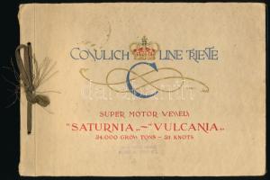 cca 1910 Cosulich Line Trieste. Super Motor Vessels Saturnia - Vulcania. Milano, én., Rizzoli &amp; C., 21 sztl. Angol nyelven. Gazdag képanyaggal. Kiadói haránt-alakú zsinórfűzött papírkötés, foltos, egy kép sérült, '"Cosulich" Triesti Hajózási Társaság' bélyegzésével.