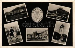 1939 Rozsnyó, Roznava; "Rozsnyó visszatért 1938" bevonulás, Horthy Miklós, Rákóczi őrtorony, Krasznahorka vára. Fuchs József kiadása / entry of the Hungarian troops, Regent Horthy, watchtower, Krásna Horka castle