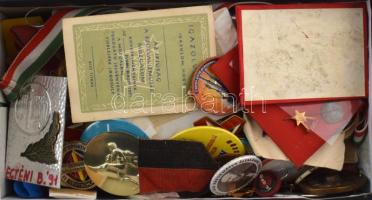 Cipősdoboznyi vegyes tétel, főleg jelvények (magyar és külföldi), illetve sport díjérmek T:vegyes
