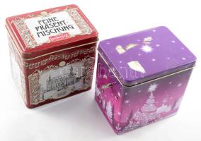 2 db zenélő karácsonyi süteményes fémdoboz, az egyiken kopásnyomokkal, 12x9x12 cm