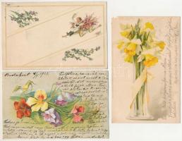 17 db RÉGI virágos üdvözlőlap, közte lithok / 17 pre-1945 greeting cards with flowers, including lit...