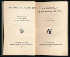 Kardos Tibor: A magyarság antik hagyományai. Pantheon-Tanulmányai 5. Bp., 1942, Pantheon-Franklin, 93+3 p. Dr. Habermann Gusztáv (1903-1994) szegedi ügyvéd, helytörténész ex libris-ével, 8x7 cm. Kiadói egészvászon-kötés, kopott borítóval.