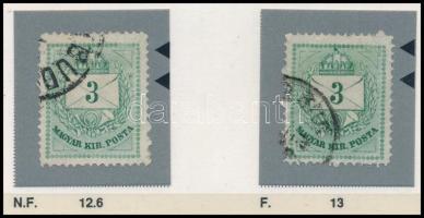 1874 2 db 3kr durva gyöngyjavításokkal, vésésjavítással (ex Orbán, Sebestyén aranyérmes kiállítási anyagból)