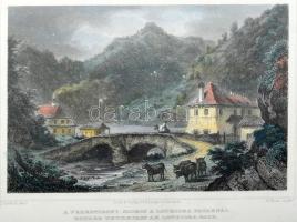 cca 1850 Ludwig Rohbock (1820-1883) - A. Fesca: A Verestorony - szoros a Lotriora pataknál, Rother Thurmpass am Lotriora-Bach, Darmstadt, G. G. Lange, színezett acélmetszet, papír, jelzett a metszeten, üvegezett keretben 24x18 cm