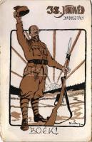 1916 38. Honvéd Hadosztály BÚÉK / WWI Austro-Hungarian K.u.K. military art postcard with New Year greeting s: Daday + "M. kir. 38. honvéd tábori tarackos ezred" "K.U.K. FELDPOSTAMT 23" (b)