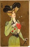 Chic - Art Nouveau litho lady art postcard. E. S. W. (EM)