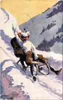 1916 Téli sport művészlap, szánkózás / Winter sport, sledding. Serie 556. (6 Dessins) s: O. Merté (ázott sarok / wet corner)