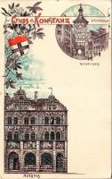 Konstanz, Schnetztor, Hussenhaus, Rathaus. Art Nouveau, floral, litho with coat of arms (EK)