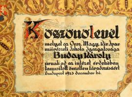 1923 Köszönőlevél az Orsz. Magy, Kir. Iparművészeti Iskola igazgatóságától. Kézzel rajzolt. 44x58 cm