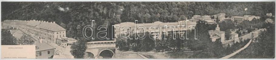 Herkulesfürdő, Baile Herculane; 3-részes kihajtható panorámalap. Krizsány R. kiadása / 3-tiled folding panoramacard (ázott / wet damage)
