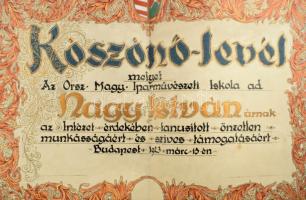 1923 Köszönőlevél az Orsz. Magy, Kir. Iparművészeti Iskola igazgatóságától. Kézzel rajzolt. 44x58 cm