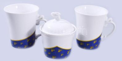 Hollóházi Douwe Egberts cukortartó és 2 darab bögre, jelzett, minimális kopással, m: 10 cm