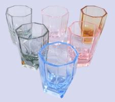 Art deco lapra csiszolt likőrös készlet, 6 pohárral, minimális pattogzással, m: 21 cm