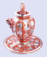 Díszes kétrészes majolika borkiöntő ezüstlemez rátéttel, jó állapotban, m: 31 cm, d: 29 cm